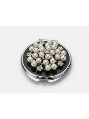 Elegant Faux Pearl & Rhinestone Compact Makeup Mirror Double Sided Vintage Style